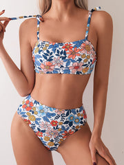 Two-Piece High-Waisted Floral Bikini Set - Adjustable Shoulder Straps, High Stretch Polyester, Random Print, Bow Detail, Customized Knit Fabric, Perfect for Summer Beach Swimwear