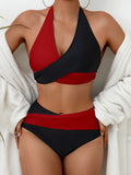 2-Piece Chic Black & White Color Block Bikini Set, Halter Tie Neck & Backless Design, Medium Stretch for Supreme Comfort - Ideal for Poolside & Beachwear