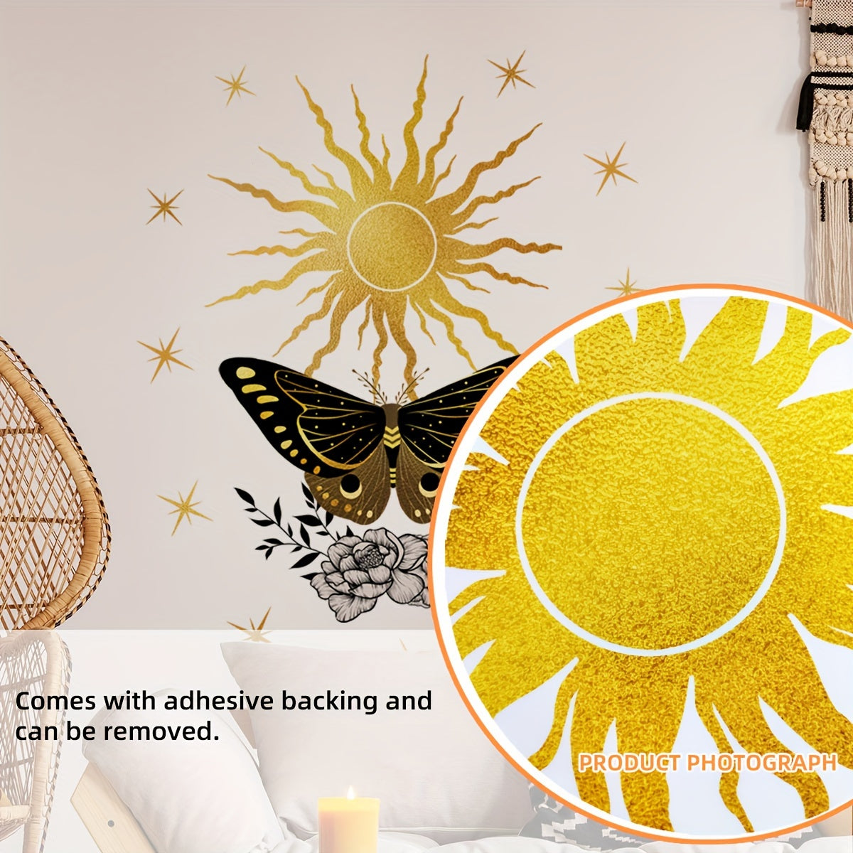 Sun, Moon & Butterfly Floral Wall Decals - Self-Adhesive PVC Stickers for Living Room and Bedroom Decor, Matte Finish