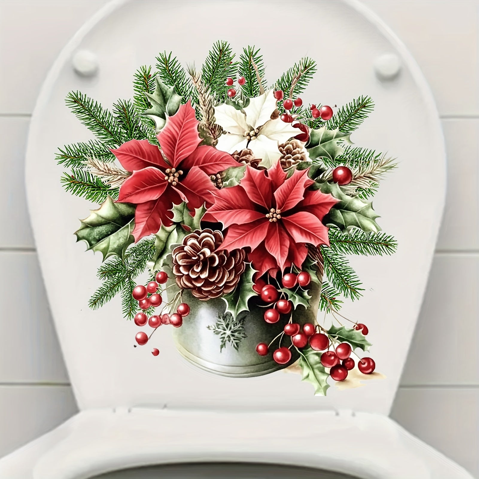 Christmas Floral & Pine Cone Toilet Decal - Easy Stick, Removable Bathroom Sticker for Festive Decor