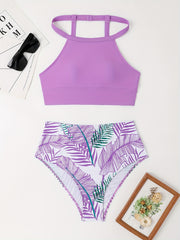 Tropical Leaf Print High Waisted 2 Piece Set Bikini, Spaghetti Strap Stretchy Plain Top & Comfy Bottoms Swimsuits, Women's Swimwear & Clothing