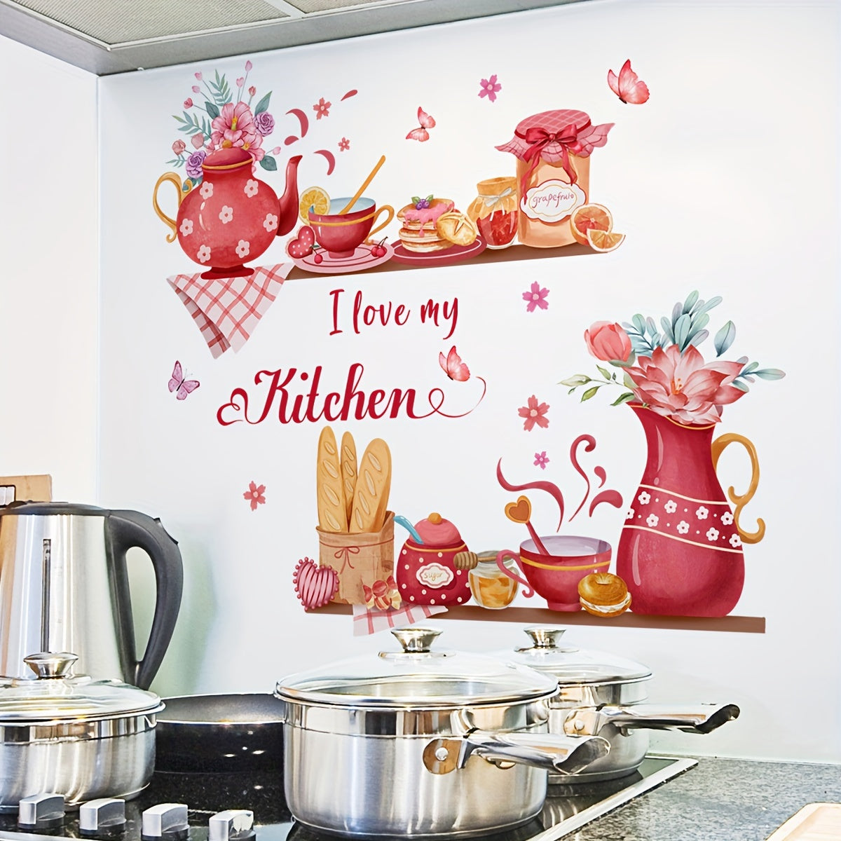 Glam Style Kitchen Wall Decals with Flower Patterns, Polyvinyl Chloride, Glass Surface Recommended, Single Use Adhesive Wall Art, Semi-glossy Rectangle Decorations, Multi-surface Easy Install, No Electricity or Battery Needed