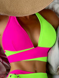 2 Piece Contrast Color Halter Bikini Set - Women's Swimwear & Clothing - High Cut, Layered, V Neck, Fashionable Swimsuits for Summer Beach Vacation