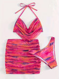 3 Piece Set Ombre Print Stretchy Swimsuits, Ruched Halter Bikini with Wrap Cover Up Skirt, Women's Swimwear & Clothing