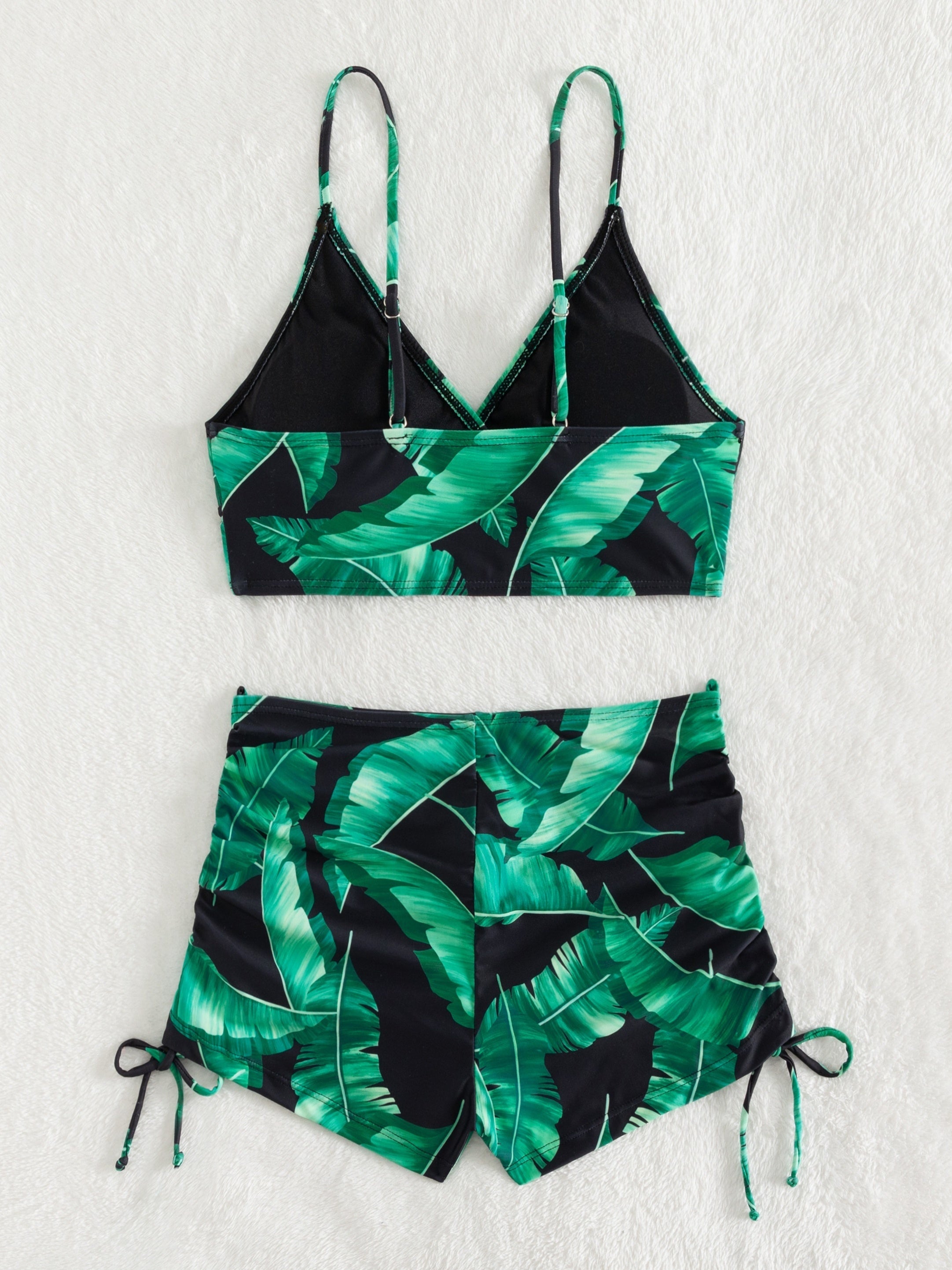 Stylish V-Neck Tie-Side Bikini Sets - High-Waist Two-Piece Swimsuit with Green Leaf Print, Adjustable Straps, and Flattering Cut - Perfect for Summer Beach Vacations and Pool Parties