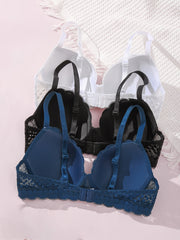 3pcs Comfy Scallop Trim Lace Bra, Underwire Push Up Women's Lingerie & Breathable Underwear