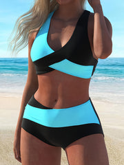 2 Piece Color Block Halter Bikini Set - Twist Tie Neck, Medium Stretch, Comfortable, Flattering, Women's Swimwear & Clothing for Beach Vacation