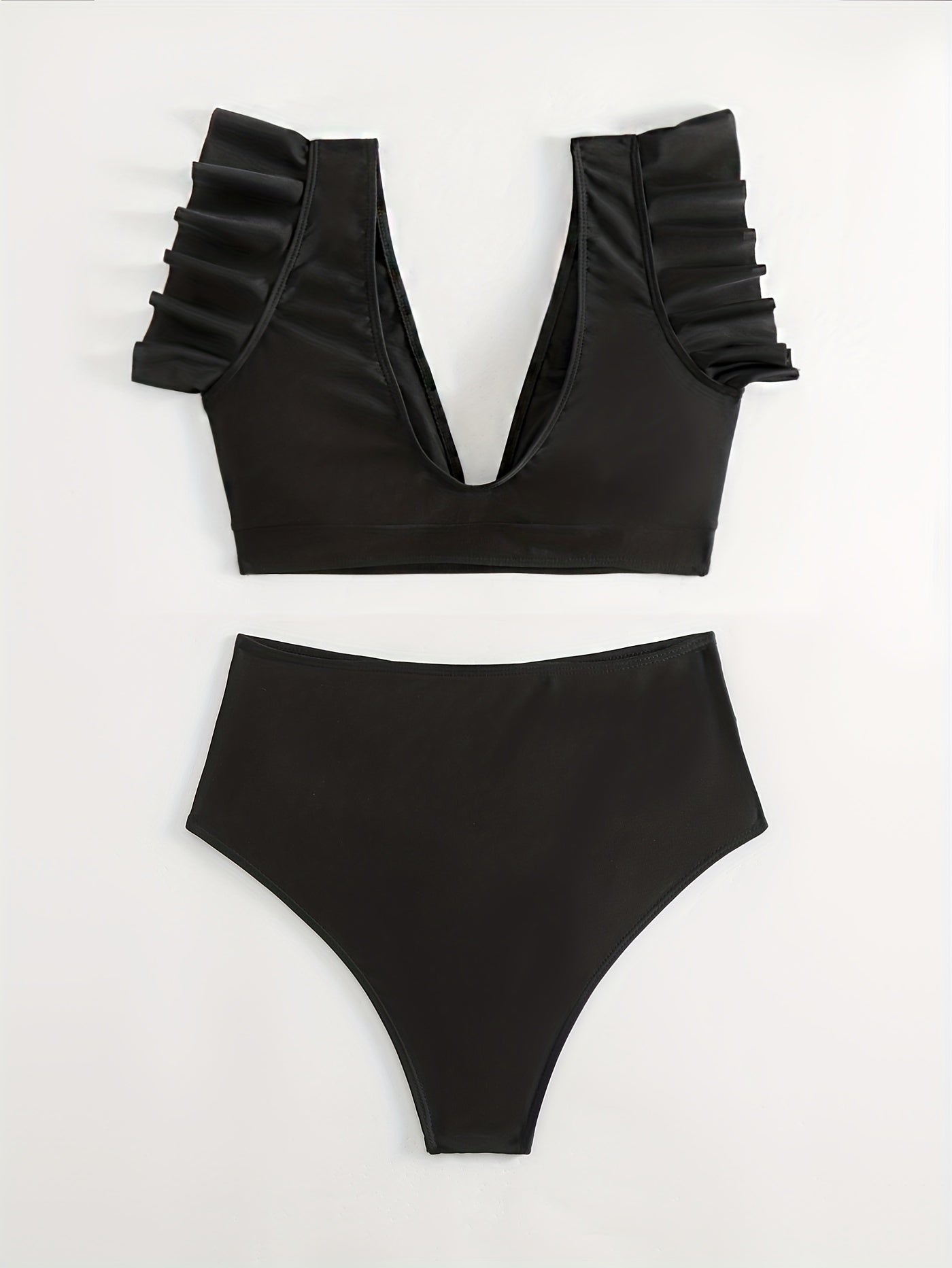 Chic 2-Piece V-Neck Bikini Set - High-Waisted Ruffle Bottoms, Sleek Black Stretch Fabric, Ideal for Beachwear & Poolside