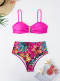 Women's Sexy Faux Pearl-Accented Bikini Set, Tropical Print, High-Waist Swimwear