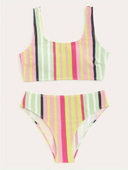 Women's Striped Two-Piece Bikini Set, High-Waisted Swimwear, Sleeveless Tank Top with Matching Bottoms, Summer Beachwear, Colorful Fashion Swimsuit