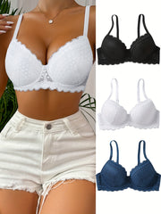 3pcs Comfy Scallop Trim Lace Bra, Underwire Push Up Women's Lingerie & Breathable Underwear