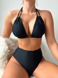2 Piece Set Bikini - Sexy Halter V Neck Tie Back Backless High Waist Swimsuit with Triangle Top - Comfortable Women's Swimwear & Clothing for Summer Beach Vacation