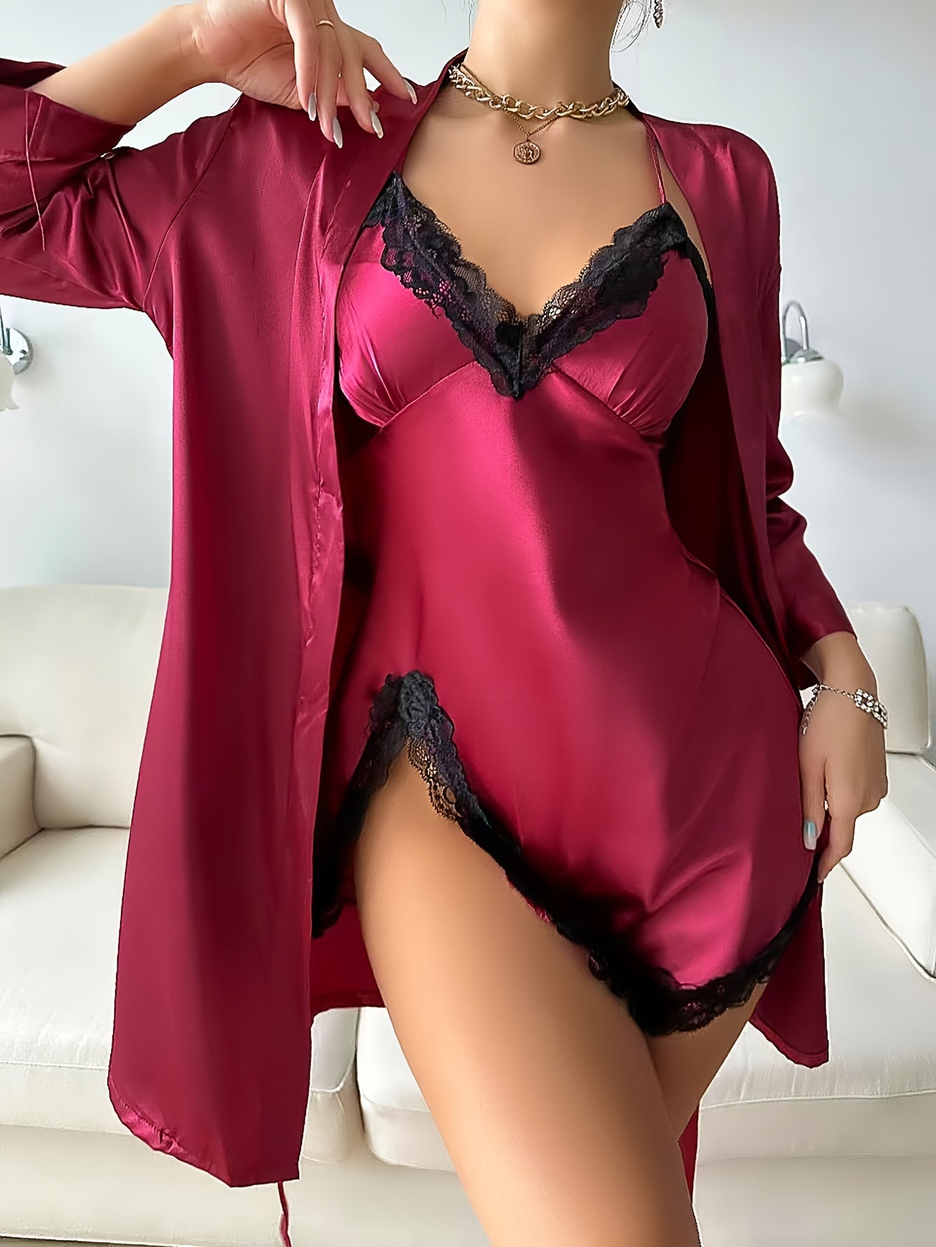 Allure Satin Sleep Set: Chic Belted Robe & V-Neck Dress, Breathable All-Season Women’s Loungewear