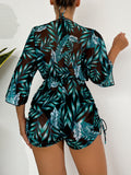 3-Piece Leaf Print Bikini Set - Flattering Halter Neck, High Waist, Adjustable Drawstring Cover Up - Perfect for Koningsdag/Kings Day Celebrations - Stylish Womens Swimwear Ensemble