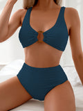 Solid Color Sexy 2 Piece Set Bikini, Ring-Linked High Cut Swimsuits, Women's Swimwear & Clothing