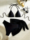 3pcs Floral Polyester Bikini Set, High Stretch Knit Fabric, Solid Color with Tie Waist Detail