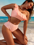 2 Piece Ruffle One Shoulder Stripes Print Bikini Set - High Waist Tummy Control, Asymmetric, Blue, Stretchy, Beach Swimsuit for Women