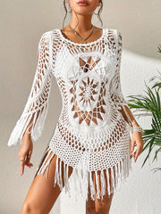 Vibrant Vacay Style Knitted Fringe Boho Cover Up Dress - Women's Swimwear & Clothing - See-Through, Hollow Out, Without Bikini, Flowy, Relaxed Fit, Beachy Chic, Summer Essential