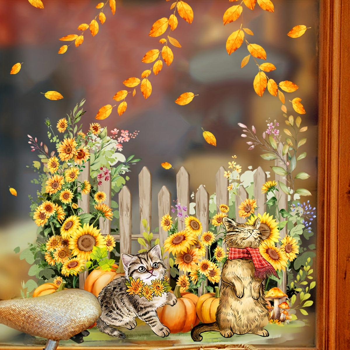 Classic Autumn Cats and Pumpkins Wall Stickers, Leaf Pattern, PVC Material, For Ceramic and More Surfaces, Reusable, Irregular Shape, Matte Finish, Self-Adhesive, No Electricity or Battery Needed