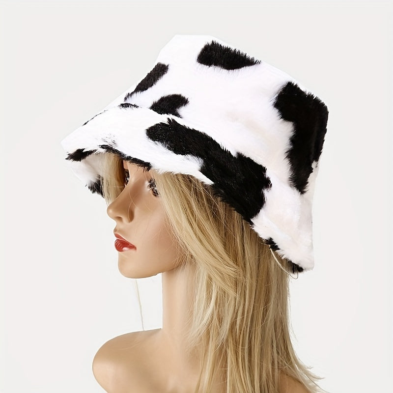 Cow Print Furry Bucket Hat Winter Warm Y2K Fluffy Fisherman Cap Plush Faux Fur Hats For Women Teens Girls