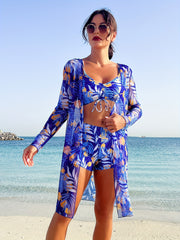 3-Piece Set: Geometric Print Drawstring High Rise Bikini, Long Sleeve Sheer Cover Up Kimono Shirt, and Boxer Short, Women's Denim & Clothing