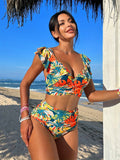 2 Piece Tropical Print V Neck Ruffle Hem High Waist Bikini Set - Women's Swimwear & Clothing
