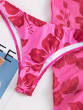 3 Piece Set: Floral Pattern Halter V Neck Tie Back Backless High Cut Bikini Swimsuits with Ruffle Hem Cover Up Skirt, Women's Triangle Top Swimwear & Clothing