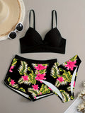 3 Piece Set Floral Leaf Print Swimsuits - Women's Swimwear Sets with Cross Spaghetti Strap Push Up Bikini, Boxer Shorts, Stretchy Fabric, and Comfortable Design for Beach and Pool