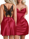 Women's Sexy Solid Satin Butterfly Lace Sleepwear Dress, Turtleneck Backless Slip Dress, Comfortable Nightgown