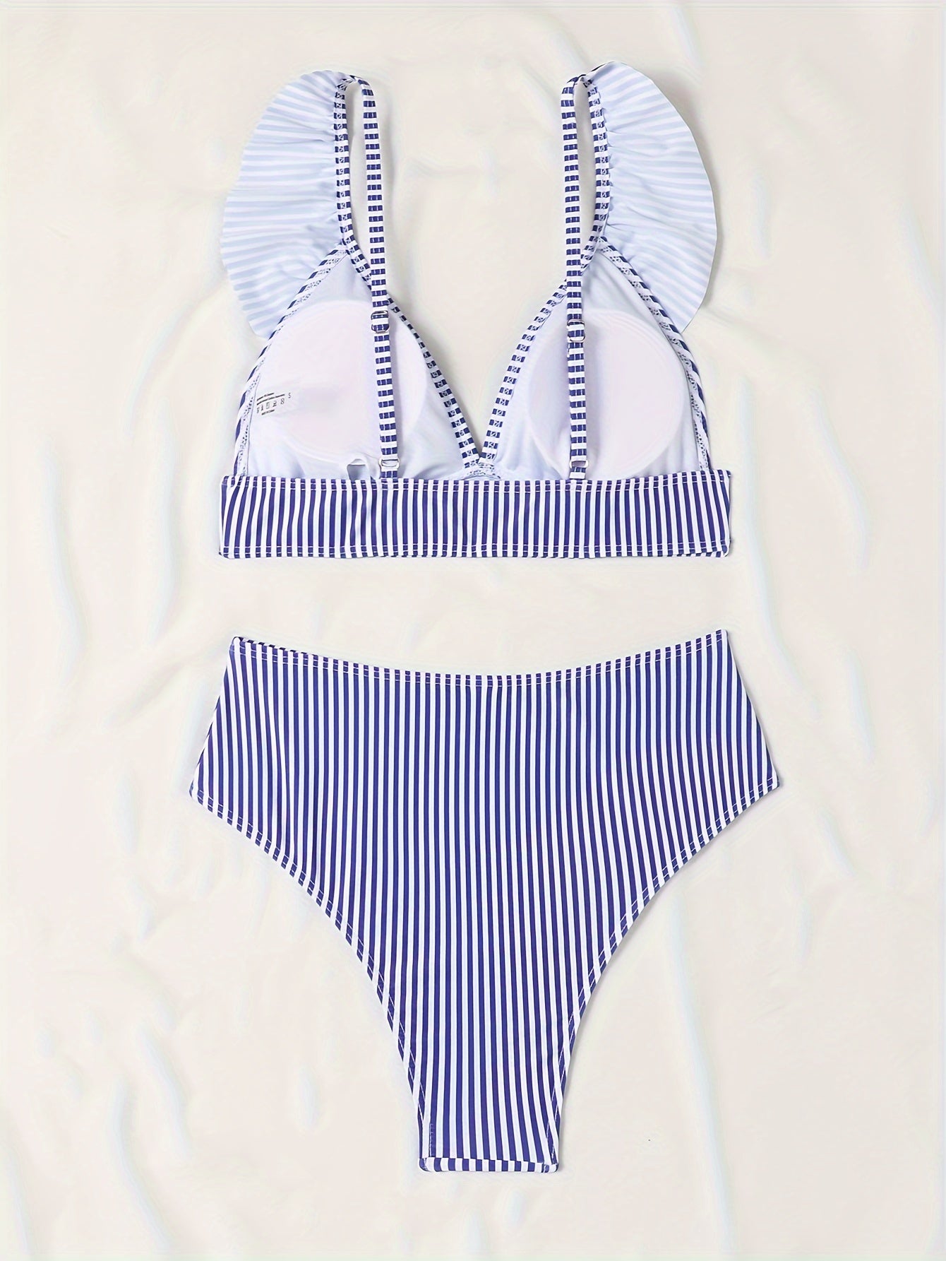 2-Piece High-Waisted Striped Bikini Set, V-Neck Top With Ruffled Hem, Swimwear For Women