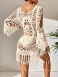 Vibrant Vacay Style Knitted Fringe Boho Cover Up Dress - Women's Swimwear & Clothing - See-Through, Hollow Out, Without Bikini, Flowy, Relaxed Fit, Beachy Chic, Summer Essential