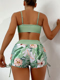 2-Piece Green Tropical Floral Bikini Set, High-Waisted & Stretchy with Spaghetti Straps, Ideal for Beachwear & Poolside Fashion – Women’s Vibrant Swimwear Ensemble