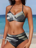 Vibrant Camo Print Two-Piece Bikini Set - Halter V Neck, Backless, High Cut, Ruched Detailing, Comfortable Swimwear for Women - Perfect for Summer Beach, Pool, or Vacation