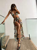 3-Pieces High Cut Floral Print Bikini Sets with Lettuce Trim Tie Back and Cover Up Skirt, Women's Swimwear