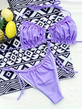 Solid Color 2 Piece Set Bikini, Frill Trim Halter Bra & Thong Bottom Swimsuits, Women's Adjustable Swimwear & Clothing