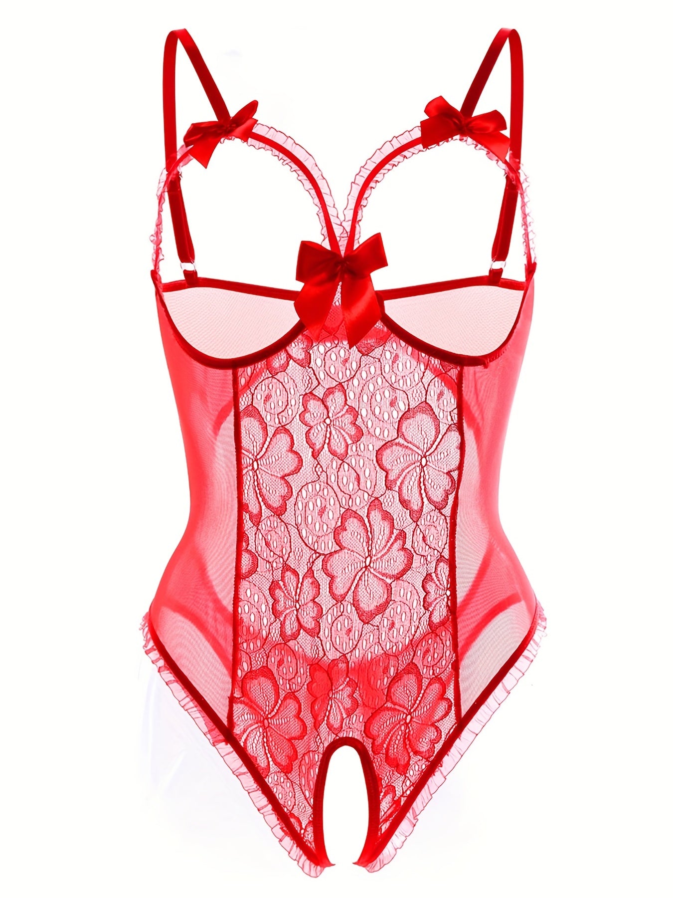 Seductive Floral Lace Ruffle Bodysuit - Sheer Open Bust Mesh Teddy with Intricate Hollow Out & Bow Accent - Intimate Open Crotch, Feminine Lingerie for Women