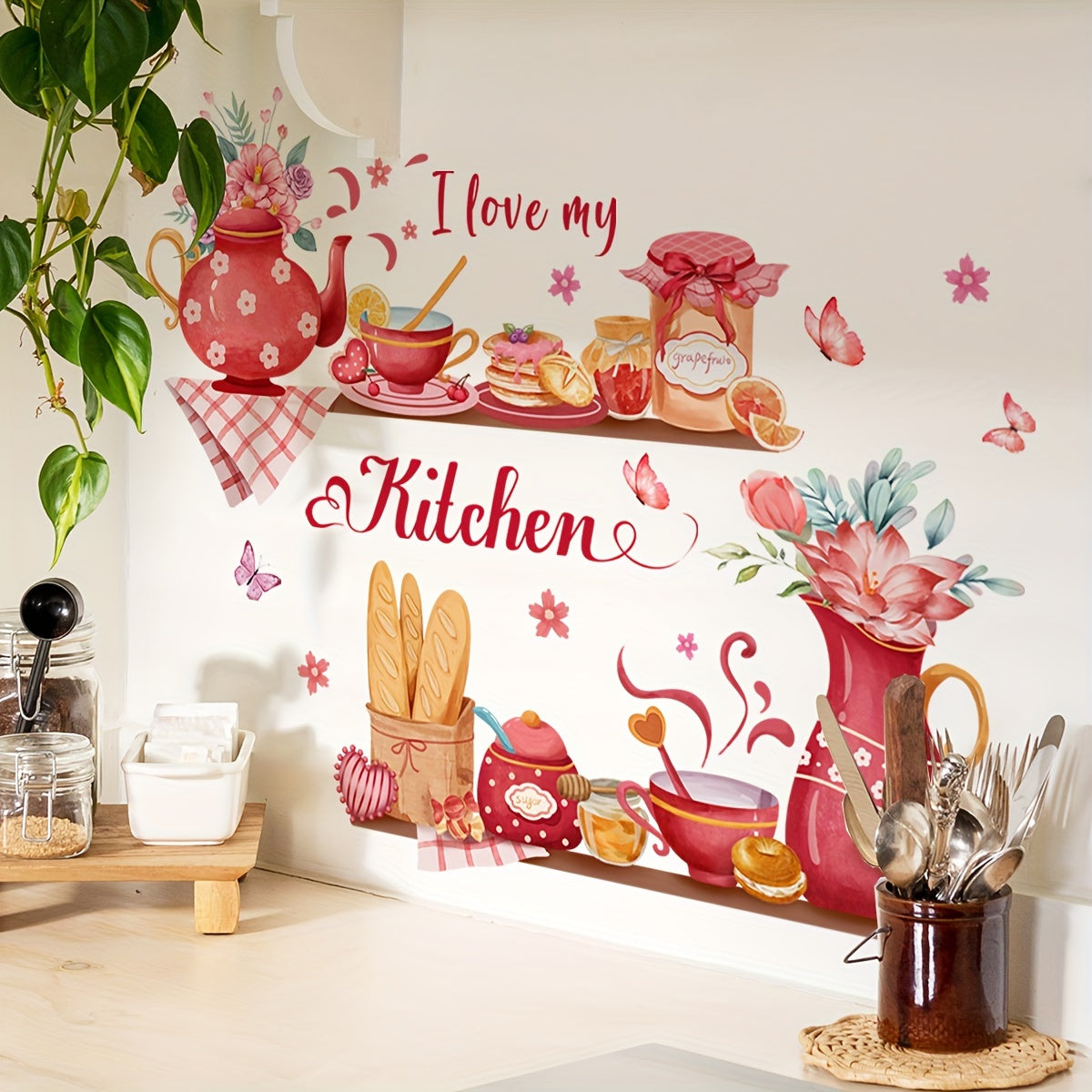 Glam Style Kitchen Wall Decals with Flower Patterns, Polyvinyl Chloride, Glass Surface Recommended, Single Use Adhesive Wall Art, Semi-glossy Rectangle Decorations, Multi-surface Easy Install, No Electricity or Battery Needed