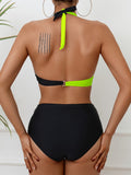 2-Piece Chic Black & White Color Block Bikini Set, Halter Tie Neck & Backless Design, Medium Stretch for Supreme Comfort - Ideal for Poolside & Beachwear