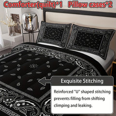 3pcs Boho Black Paisley Quilt Set (1 Quilt + 2 Pillowcases, Without Pillow Core), Four Seasons Quilted Bedding Soft Comfortable Breathable Printed Quilt For Home Dormitory