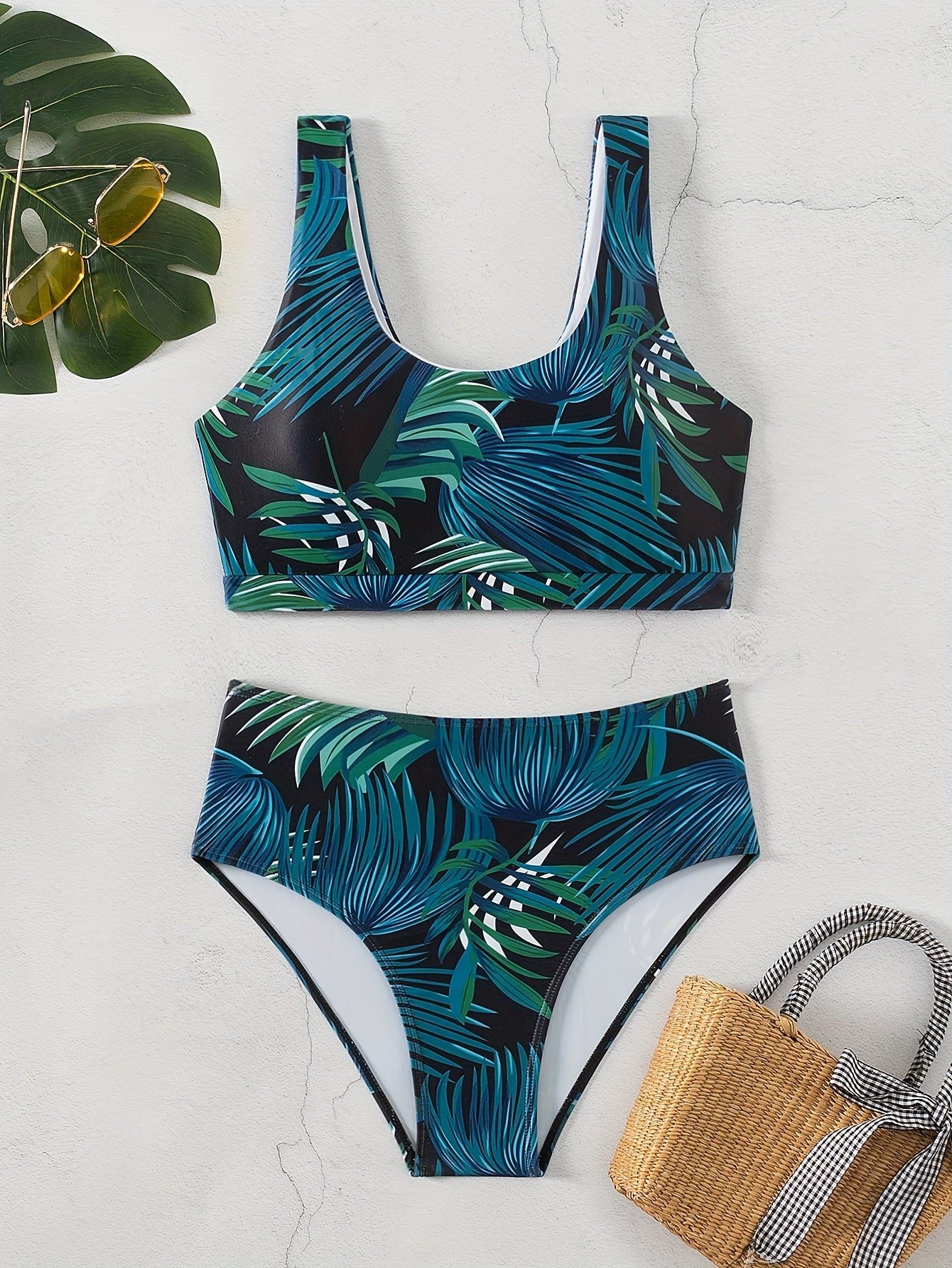 2 Piece Set Tropical Print High Waist Square Neck Bikini, Women's Swimwear & Clothing Swimsuits