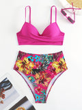 Tropical Chic Leaf Print Bikini Set - Cross Ruched, High Waist, Underwire Support, Adjustable Spaghetti Straps, 2 Piece Swimwear Ensemble for Women