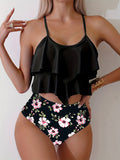 Vibrant Palm Tree Print Two-Piece Bikini Set - Ruffle High Waist, High Cut, Round Neck, Flattering Swimwear for Women - Perfect for Palm Sunday, Beach, Pool, and Summer Vacation