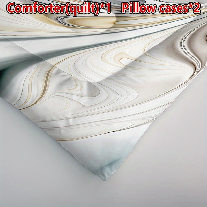 All-Season Elegance: 3pc Soft Woven Marble Pattern Quilt & Pillowcase Set, Easy-Care Polyester