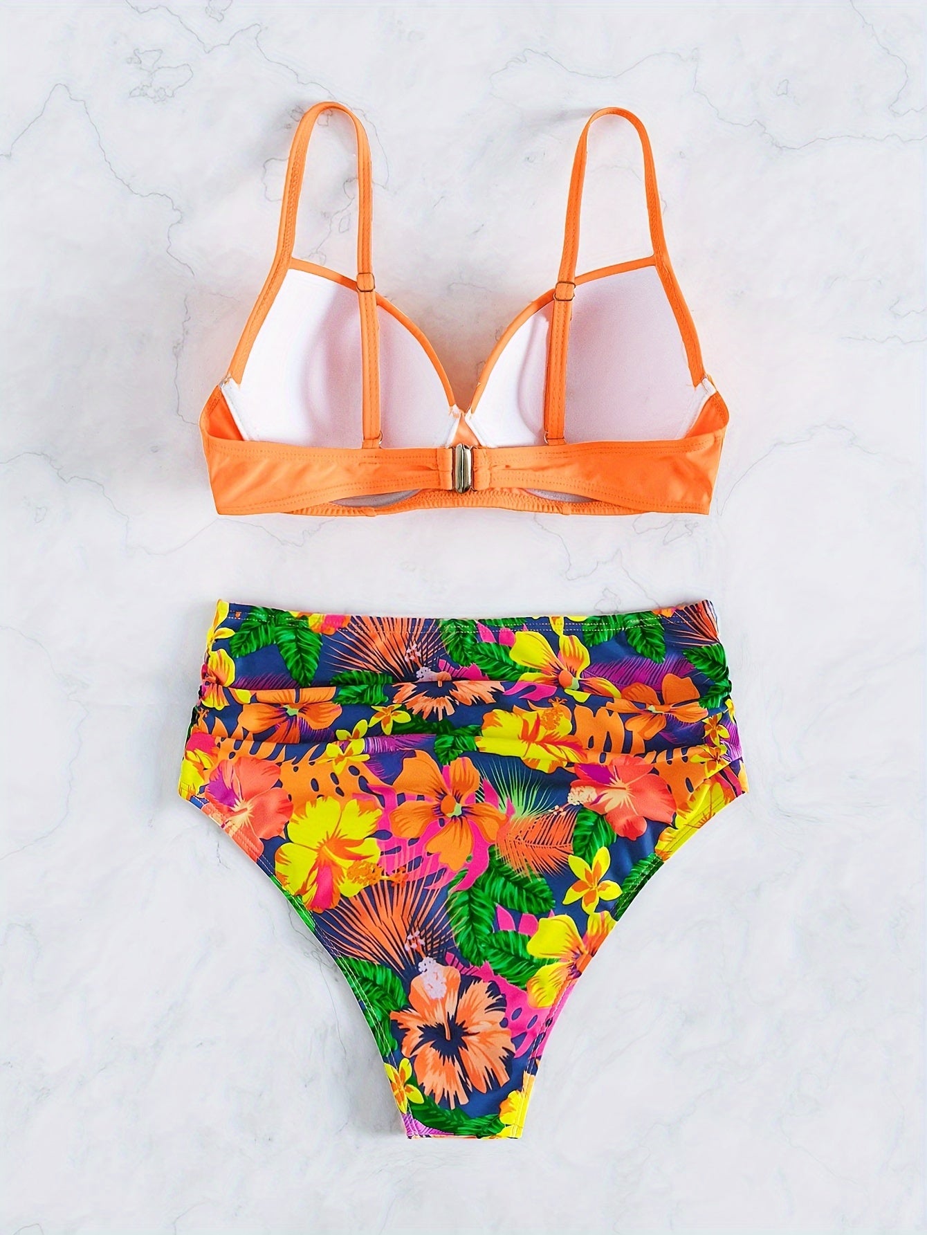 Tropical Print 2 Piece Set Bikini, V Neck High Waist Swimsuits, Women's Swimwear & Clothing