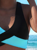 2 Piece Color Block Halter Bikini Set - Twist Tie Neck, Medium Stretch, Comfortable, Flattering, Women's Swimwear & Clothing for Beach Vacation
