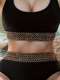 Two-Piece Bikini Set - Exquisitely Elegant, Trendy and Fashionable, Ultra-Sexy High-Waisted Swimwear with Dazzling Golden Band Accents - Perfect for Womens Summer Beach Vacations and Beachy Keen Beachwear
