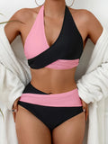 2-Piece Chic Black & White Color Block Bikini Set, Halter Tie Neck & Backless Design, Medium Stretch for Supreme Comfort - Ideal for Poolside & Beachwear