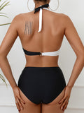 2-Piece Chic Black & White Color Block Bikini Set, Halter Tie Neck & Backless Design, Medium Stretch for Supreme Comfort - Ideal for Poolside & Beachwear
