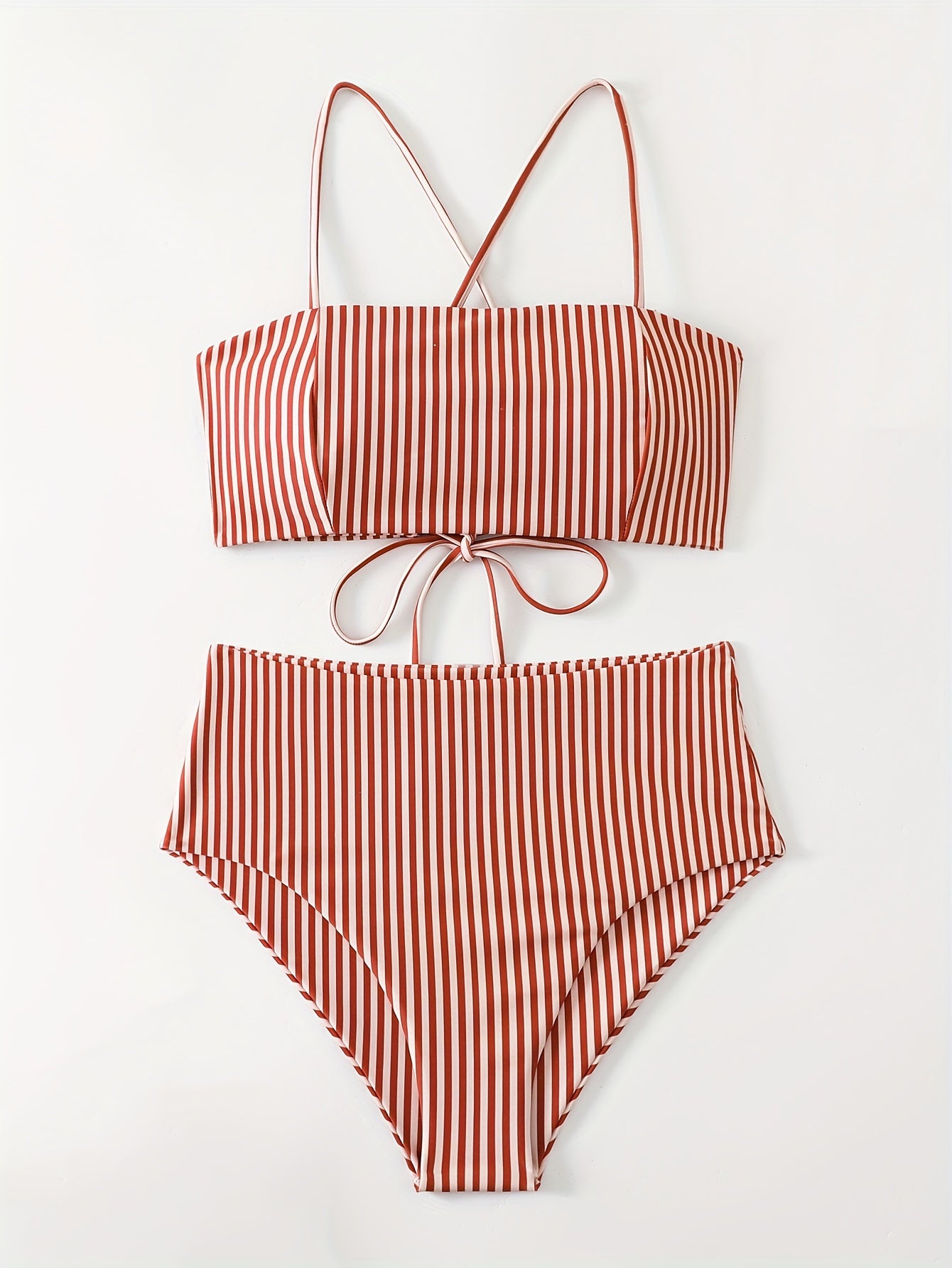 2 Piece Retro Chic Bikini Set - Crisscross Hollow Out, High Waisted, Stretchy, Lace Up Tie Back, Red Striped Print Swimsuit - Women's Swimwear & Clothing for Summer Beach Vacation