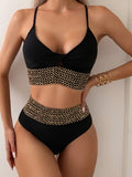 2 Piece Golden Contrast Band Sequin V Neck Bikini Set, High Waisted Stretchy Swimsuits with Spaghetti Strap for Women, Perfect for Carnival & Music Festival